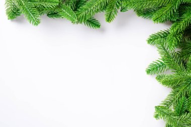 Noel tatili çerçevesi köknar ağacı sınır şubesi, en tepedeki manzara şenlikli Xmas stüdyosu beyaz arka planda izole edilmiş, yeni yıl kartı konsepti