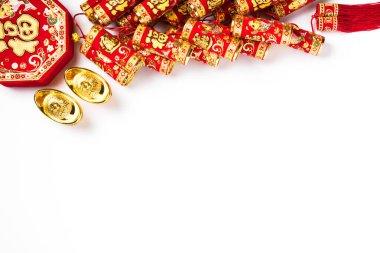 Çin yeni yılı 2021 festivali, Top view dairesi ay yeni yılı veya Mutlu Çin yeni yıl dekorasyonları kutlaması beyaz arka planda izole edilmiş fotokopi alanı (Çince karakter 
