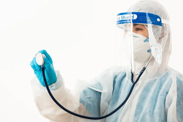 Closeup Female Medical Scientist Ppe Uniform Wearing Face Mask Protective — Stock Photo, Image