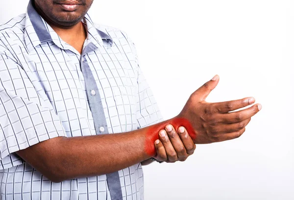 Closeup Hand Asian Black Man Holds His Wrist Hand Injury — Stock Photo, Image
