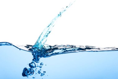 Sıvı üzerinde soyut temiz akış dalgalanma yüzeyi. Hava kabarcıklı açık mavi su dalgası ve biraz da su altı, beyaz arka planda izole edilmiş stüdyo çekimi.