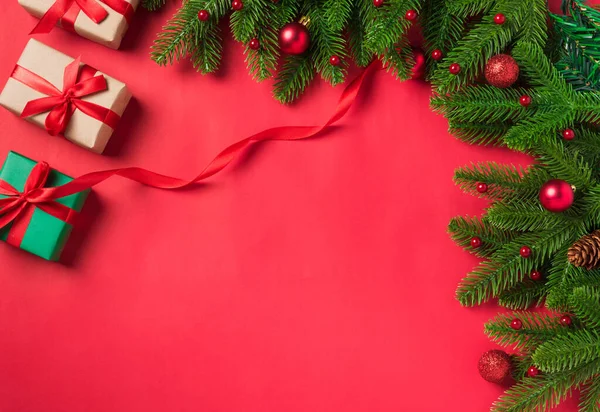 Vánoční Dovolená Pozadí Dárkové Krabice Dekorace Složení Top View Jedle — Stock fotografie