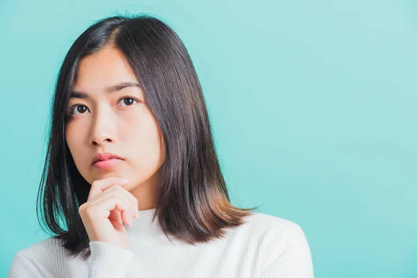 Young Beautiful Asian Woman Hand Face Thinking Portrait Female Touch — Stock Photo, Image