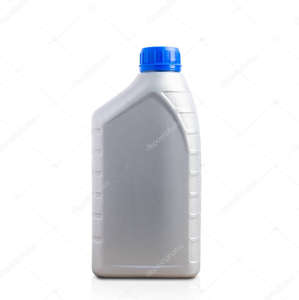Gray plastic can machine lubricating oil bottle 1 liter with a blue cap for machine engine isolated on over white background with clipping path