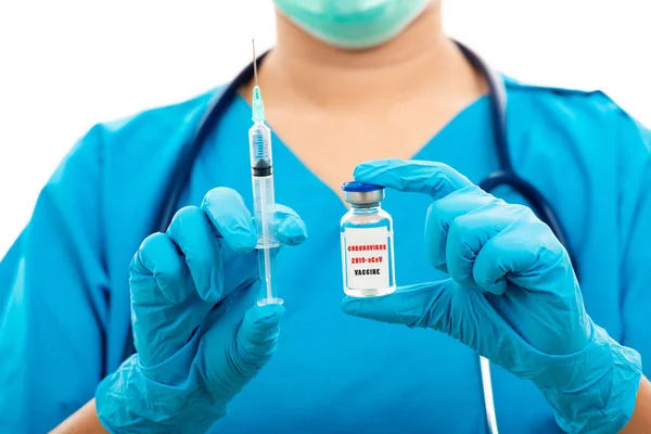 Female Nurse Stethoscope Puts Rubber Gloves Wear Medical Face Mask — Stock Photo, Image