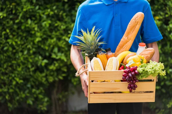 Asian Man Farmer Wears Delivery Uniform Holding Full Fresh Vegetables — Stock Photo, Image