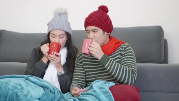 快乐的亚洲年轻漂亮的夫妻们 笑着放松一下 热巧克力 晚上在家里客厅的圣诞市场喝咖啡 寒假的概念 慢动作 — 图库视频影像