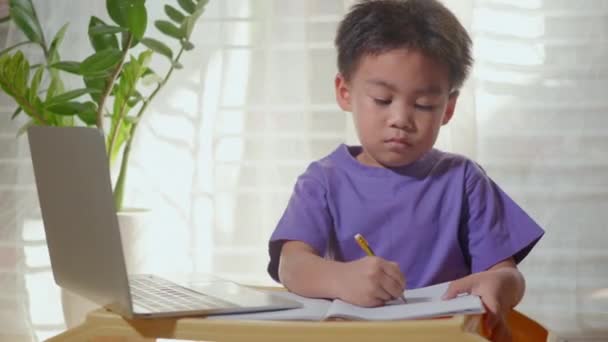 Ασιάτης Παιδί Αγόρι Χρησιμοποιώντας Ένα Φορητό Υπολογιστή Και Μελετήσει Online — Αρχείο Βίντεο