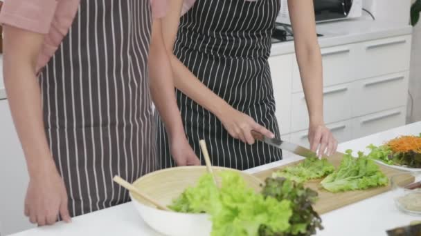 Mutlu Asyalı Güzel Aile Çifti Karı Koca Mutfakta Sebze Salatası — Stok video