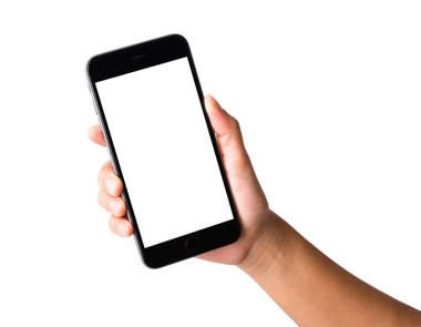 Akıllı telefonu beyaz ekranda tutan bir kadın. Kadın, modern cep telefonunu elinde tutuyor. Stüdyo çekimleri beyaz arka planda izole edilmiş, telefon ve ekranda kırpma maskesi izi var.
