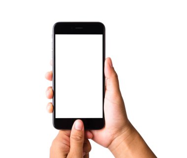 Kadın el ele tutuşuyor, akıllı telefon boş beyaz ekran. Modern cep telefonu stüdyosundaki kadın dokunmatik ev düğmesi beyaz arka planda izole edilmiş telefon ve ekranda kırpma maskesi yolu var