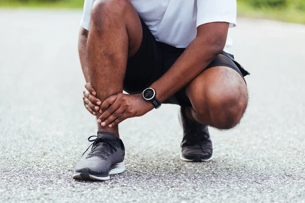 Close Asian Young Sport Runner Black Man Wear Watch Hands — Stock Photo, Image