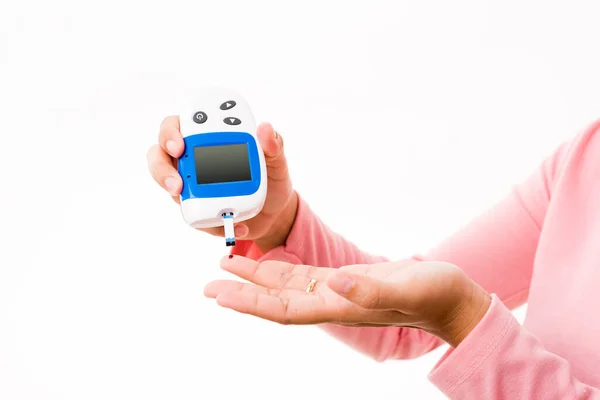 Hands Woman Measuring Glucose Test Level Check Blood Finger Glucometer — Stock Photo, Image