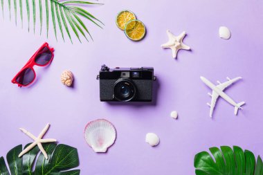 Kamera filmleri, uçak, güneş gözlüğü, yapraklar, deniz yıldızı plaj gezgini aksesuarları fotokopi alanı, iş gezisi ve tatil yaz seyahati konseptiyle mor bir arka planda uzanır.