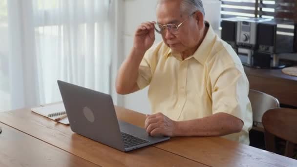Homem Sênior Vestido Usar Óculos Sentados Cadeira Trabalhando Laptop Sala — Vídeo de Stock