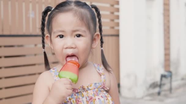 Retrato Crianças Bonitos Menina Gosta Comer Sorvete Delicioso Sorrir Livre — Vídeo de Stock