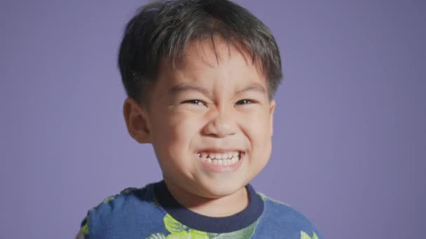 幸せな顔アジアの小さな男の子は紫色の背景に隔離された笑みを浮かべて 肖像画面白いかわいい子供の喜び笑って カメラを見て 頭を撃たれた — ストック動画