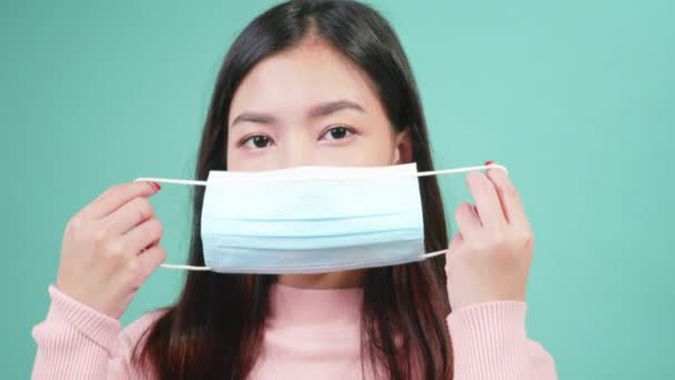 Close Portrét Mladý Asijské Šťastný Krásný Žena Sobě Virus Ochrany — Stock video