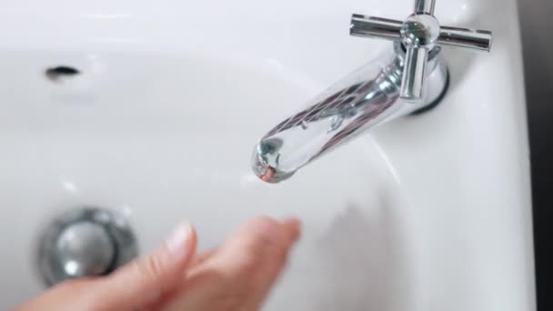 Primo Piano Mani Giovane Donna Con Sapone Lavarsi Mani Sotto — Video Stock