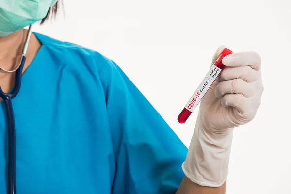 Nurse Blue Uniform Wear Mask Holding Test Tube Sample Coronavirus — Stock Photo, Image
