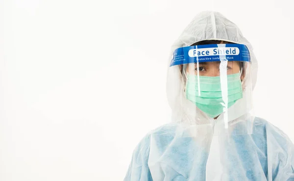 Szoros Orvosi Személyzet Orvos Ppe Egyenruhában Visel Arcmaszk Védő Műanyag — Stock Fotó