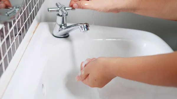 Closeup Young Woman Hands Using Soap Washing Hands Water Tap — Stock Photo, Image