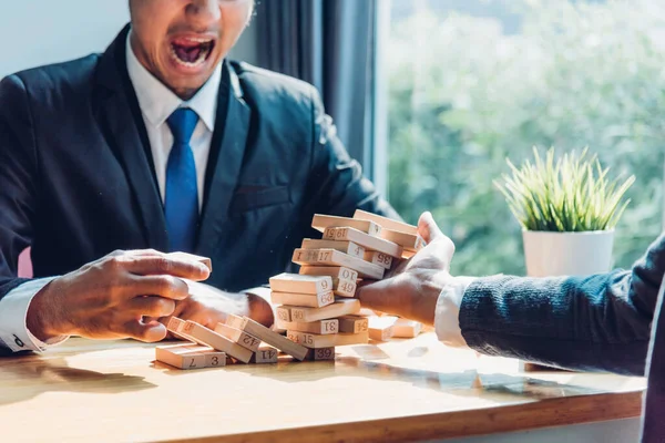 Business Man Strategy Risk Pulling Block Wood Tower Have One — Stock Photo, Image