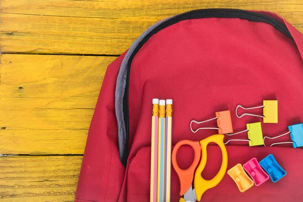 Top View Flat Lay Red School Bag Backpack Accessories Tools — Φωτογραφία Αρχείου