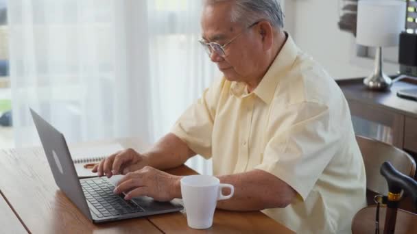 Senior Man Dressed Wear Eyeglasses Sitting Chair Working Laptop Living — Stock Video
