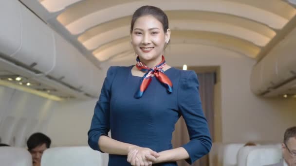 공항에서 승객들 비행기 탑승하기 기다리고 아름다운 승무원 여주인 제복을 비행기 — 비디오