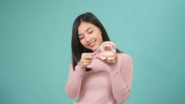 Asiática Joven Hermosa Sonrisa Mujer Mostrando Modelo Cómo Limpiar Los —  Fotos de Stock
