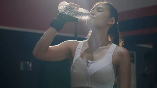 Asian Beautiful Young Woman Drinking Water Bottle Gym Training Exercise — Stock Photo, Image