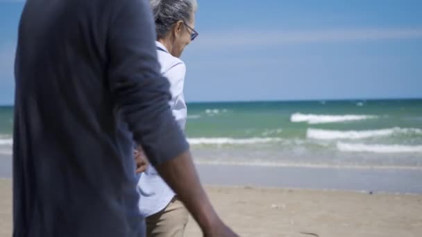 幸せなアジアの高齢者の男性と女性のカップルは 明るい青空と日当たりの良いビーチに歩いて手を取り合って ロマンチックな高齢者をお楽しみください旅行夏休み 退職カップルのコンセプトで生命保険を計画 — ストック動画