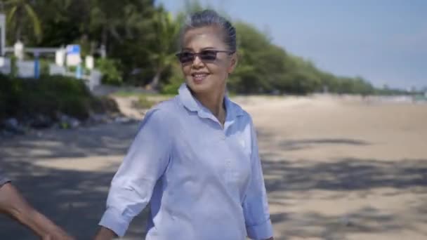 Happy Asian Senior Man Woman Couple Holding Hands Walking Beach — Stock Video