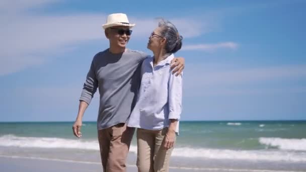 Happy Asian Senior Man Woman Couple Holding Hands Walking Beach — Stock Video