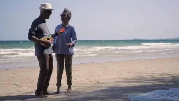 Šťastný Starší Pár Relaxační Venku Zpěv Hraní Akustickou Kytaru Pláži — Stock video