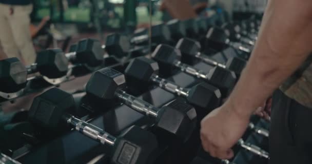 フィットネスジムセンターでのダンベルラックからの運動強度トレーニングに適したウェイトであるダンベルを拾うか 選択する人の手のボディビルダーを閉じます — ストック動画