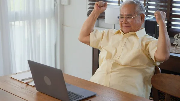 Oudere Man Gekleed Dragen Bril Zittend Stoel Werken Laptop Woonkamer — Stockfoto