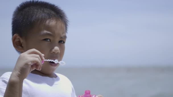 快乐的小男孩在吹肥皂泡 有趣的孩子在夏天在海滩上吹了很多泡沫 — 图库视频影像