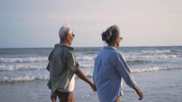 幸せなアジアの高齢者と女性のカップルは 日没の明るい空でビーチを歩いて手を取り合って ロマンチックな高齢者を楽しむ旅行夏休み 退職カップルのコンセプトで生命保険を計画 — ストック動画