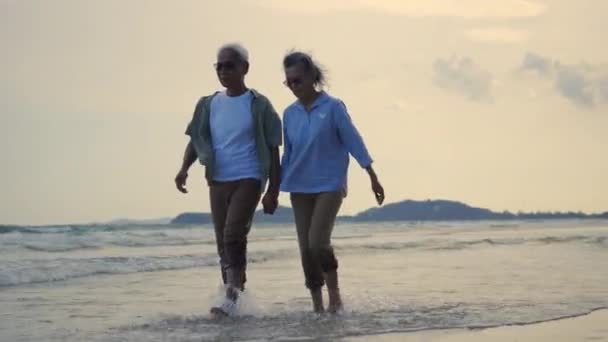Feliz Asiática Senior Hombre Mujer Pareja Cogido Mano Caminando Desde — Vídeos de Stock