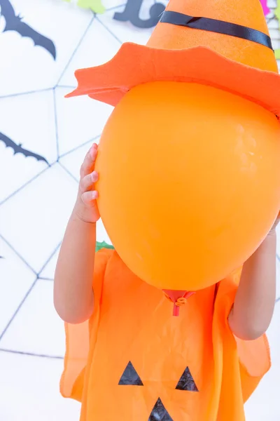 Funny Happy Kid Boy Halloween Costume Jack Have Orange Balloon — Stock Photo, Image