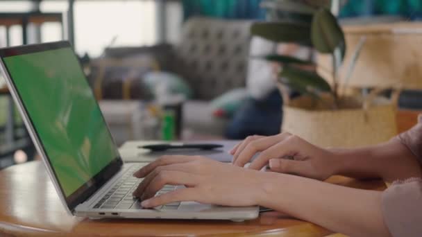 Zakenvrouw Zit Alleen Typen Toetsenbord Laptop Computer Groen Scherm Cafe — Stockvideo