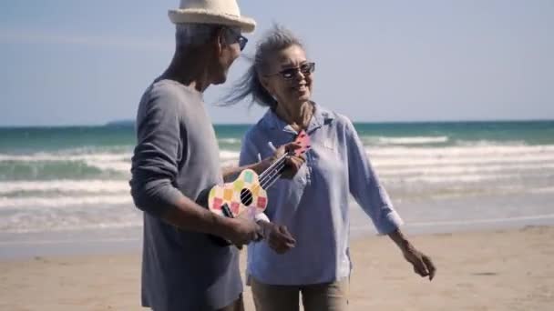 Счастливая Пожилая Пара Отдыхает Открытом Воздухе Поет Играет Акустической Гитаре — стоковое видео