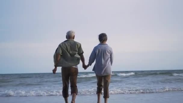 快乐的亚洲积极的老年男女夫妻生活方式奔向海滩 享受着有趣的生活 浪漫的老年人享受着夏天的旅行 为退休夫妇的生活保险做着计划 — 图库视频影像