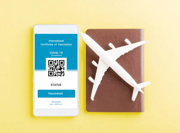 Υπόδειγμα Αεροπλάνου Διαβατήριο Και Κάρτα Ασυλίας Είναι Τοποθετημένα Εφαρμογή Smartphone — Φωτογραφία Αρχείου