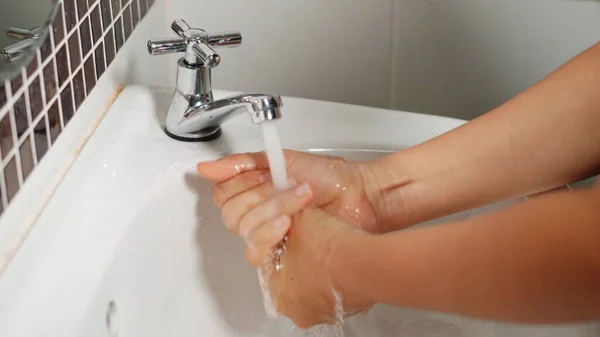 Closeup Young Woman Hands Using Soap Washing Hands Water Tap — Stock Photo, Image