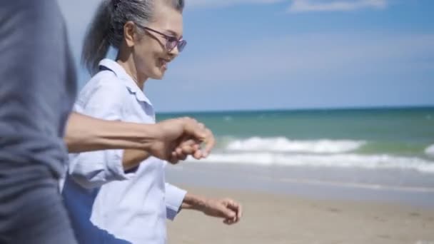 Щасливого Азіатського Старшого Чоловіка Жінки Пари Тримаються Руки Йдуть Пляжу — стокове відео