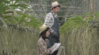 Genç çiftçiler orkide tarlalarını kontrol ediyorlar, kadın ve erkek orkide çiçeğinin kalitesini birlikte büyüteçle kontrol ediyorlar ve bahçe serası ve tarım kavramlarına not alıyorlar.