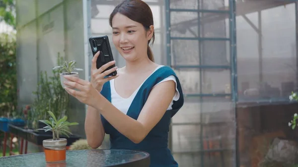 아시아의 아름다운 정원에서 판매하기 스마트폰으로 사진을 냄비에 있습니다 — 스톡 사진